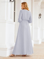 Numbersea Women's Chiffon Bridesmaid Dress A line Long Sleeves Formal Evening Prom Gown for Wedding Guest 28032