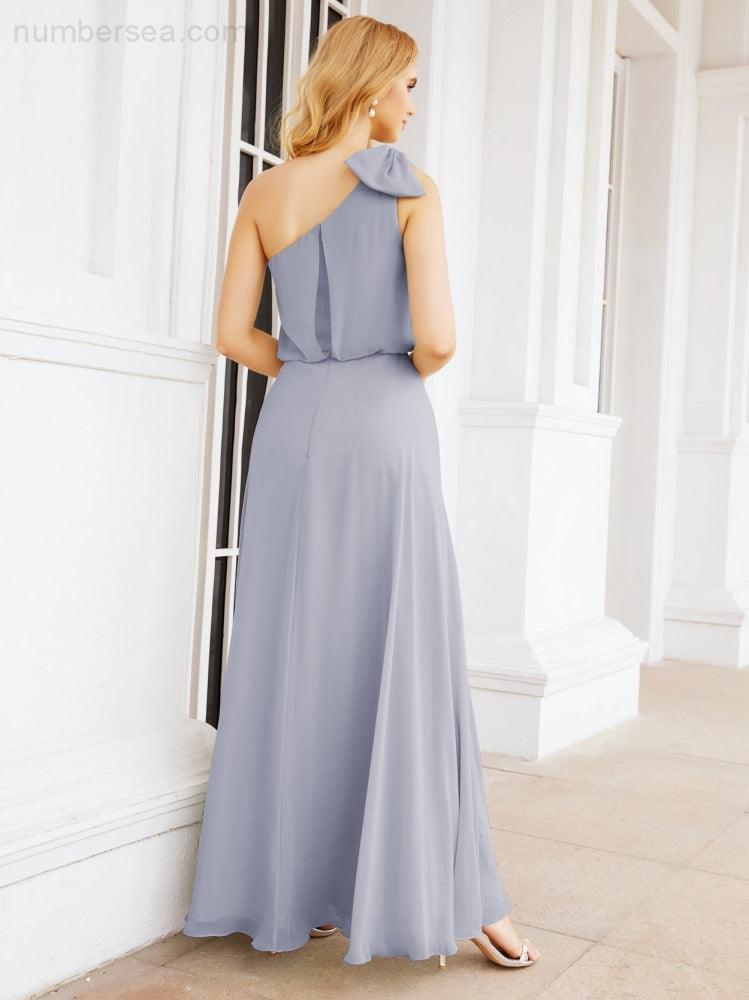 Numbersea Chiffon Ruffled One Shoulder Sleeveless Long Bride Dresses A-line Formal Evening Gown Side Split 28057