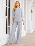 Numbersea Elegant 2 Piece Mother of The Bride Dress Plus Size Pant Suits Ruffle Layers Sliver Housecoat 28064
