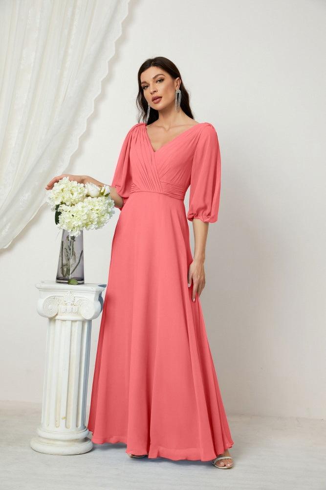 Numbersea  Formal Prom Gown Women V-Neck Chiffon Bridesmaid Dresses Long Bishop Sleeve Party Dress 2807