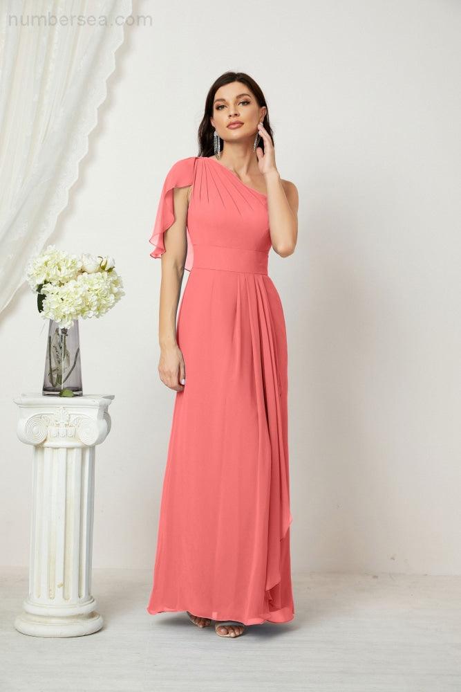Numbersea  Chiffon Ruffled One Shoulder Long Bridesmaid Dresses A-line Formal Evening Gown Side Split 2809