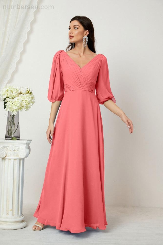 Numbersea  Formal Prom Gown Women V-Neck Chiffon Bridesmaid Dresses Long Bishop Sleeve Party Dress 2807