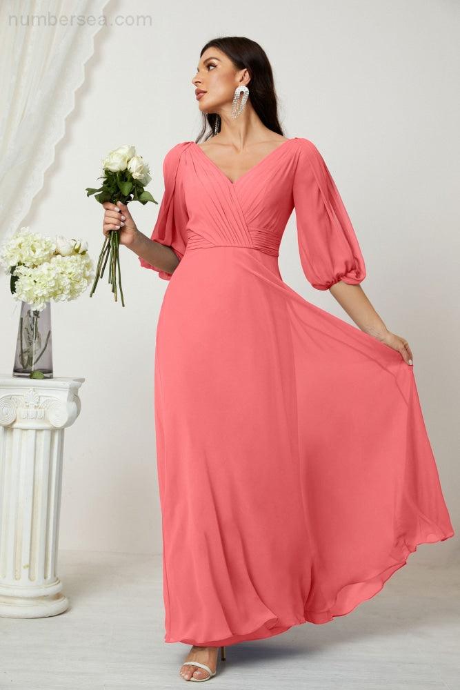 Numbersea  Formal Prom Gown Women V-Neck Chiffon Bridesmaid Dresses Long Bishop Sleeve Party Dress 2807