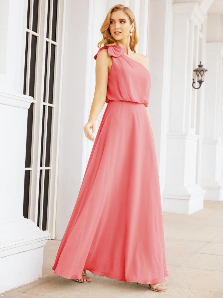 Numbersea Chiffon Ruffled One Shoulder Sleeveless Long Bride Dresses A-line Formal Evening Gown Side Split 28057