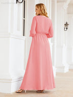 Numbersea Women's Chiffon Bridesmaid Dress A line Long Sleeves Formal Evening Prom Gown for Wedding Guest 28032