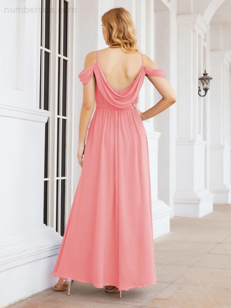 Numbersea Off The Shoulder Chiffon Bridesmaid Dress Long Formal Graduation Gown with Cowl Back 28069