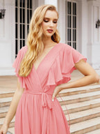 Numbersea Women's Open Back Formal Evening Party Prom Gowns V-Neck Long Chiffon Bridesmaid Dresses with Waist Belt 28038