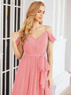 Numbersea Off The Shoulder Chiffon Bridesmaid Dress Long Formal Graduation Gown with Cowl Back 28069