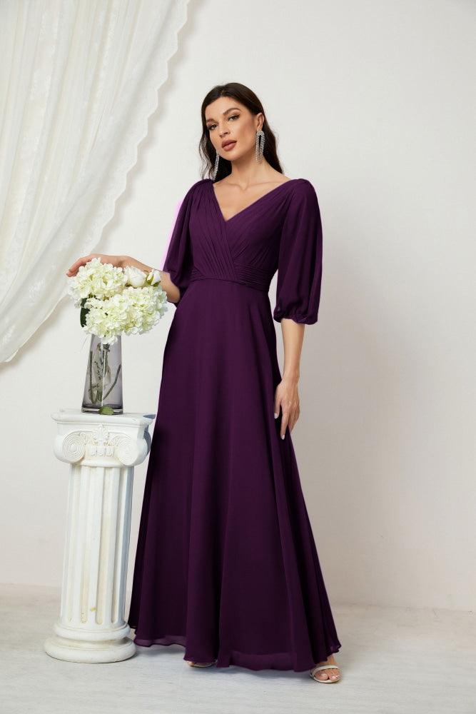 Numbersea  Formal Prom Gown Women V-Neck Chiffon Bridesmaid Dresses Long Bishop Sleeve Party Dress 2807