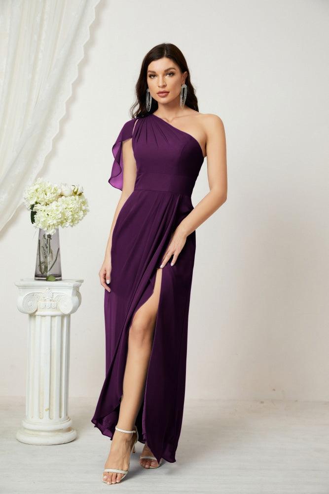 Numbersea  Chiffon Ruffled One Shoulder Long Bridesmaid Dresses A-line Formal Evening Gown Side Split 2809