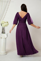 Numbersea  Formal Prom Gown Women V-Neck Chiffon Bridesmaid Dresses Long Bishop Sleeve Party Dress 2807