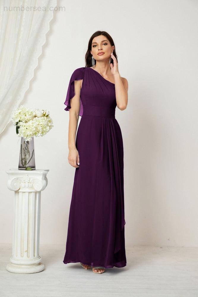 Numbersea  Chiffon Ruffled One Shoulder Long Bridesmaid Dresses A-line Formal Evening Gown Side Split 2809