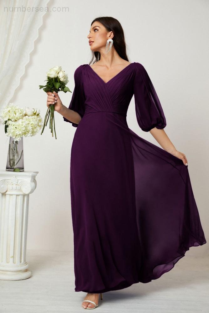 Numbersea  Formal Prom Gown Women V-Neck Chiffon Bridesmaid Dresses Long Bishop Sleeve Party Dress 2807