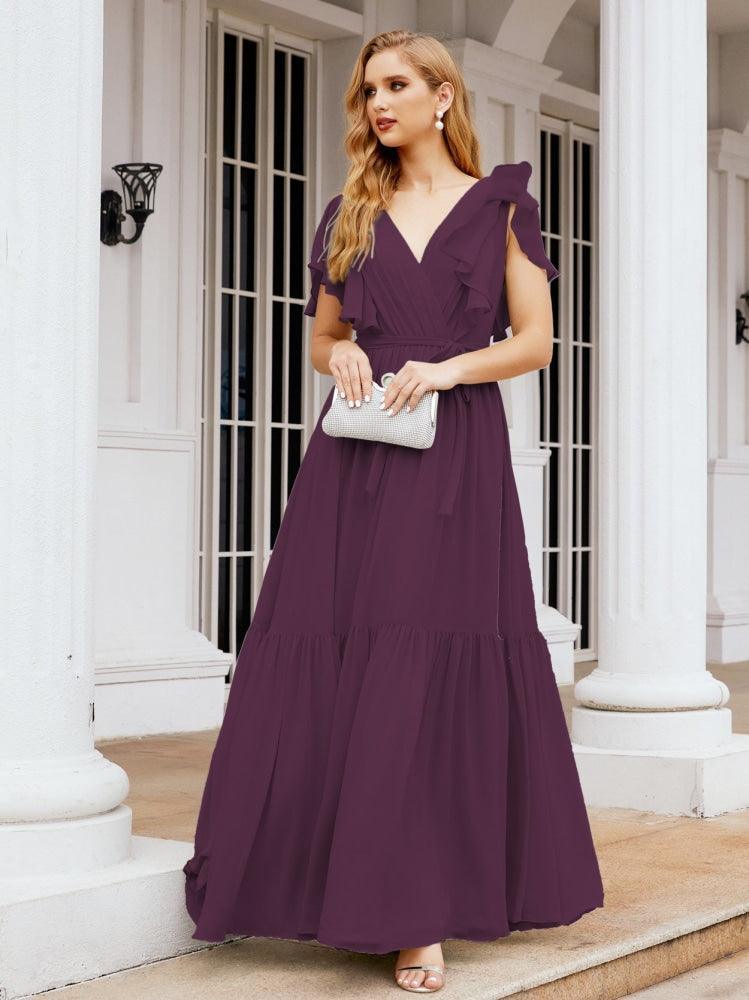 Numbersea Women's Open Back Formal Evening Party Prom Gowns V-Neck Long Chiffon Bridesmaid Dresses with Waist Belt 28038