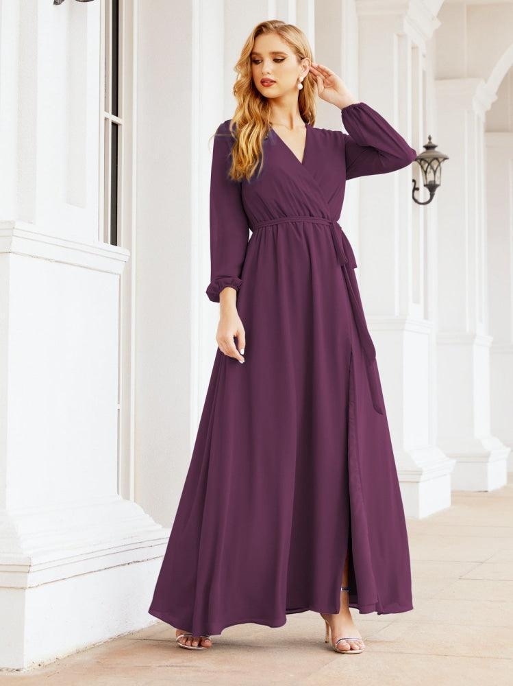 Numbersea Women's Chiffon Bridesmaid Dress A line Long Sleeves Formal Evening Prom Gown for Wedding Guest 28032