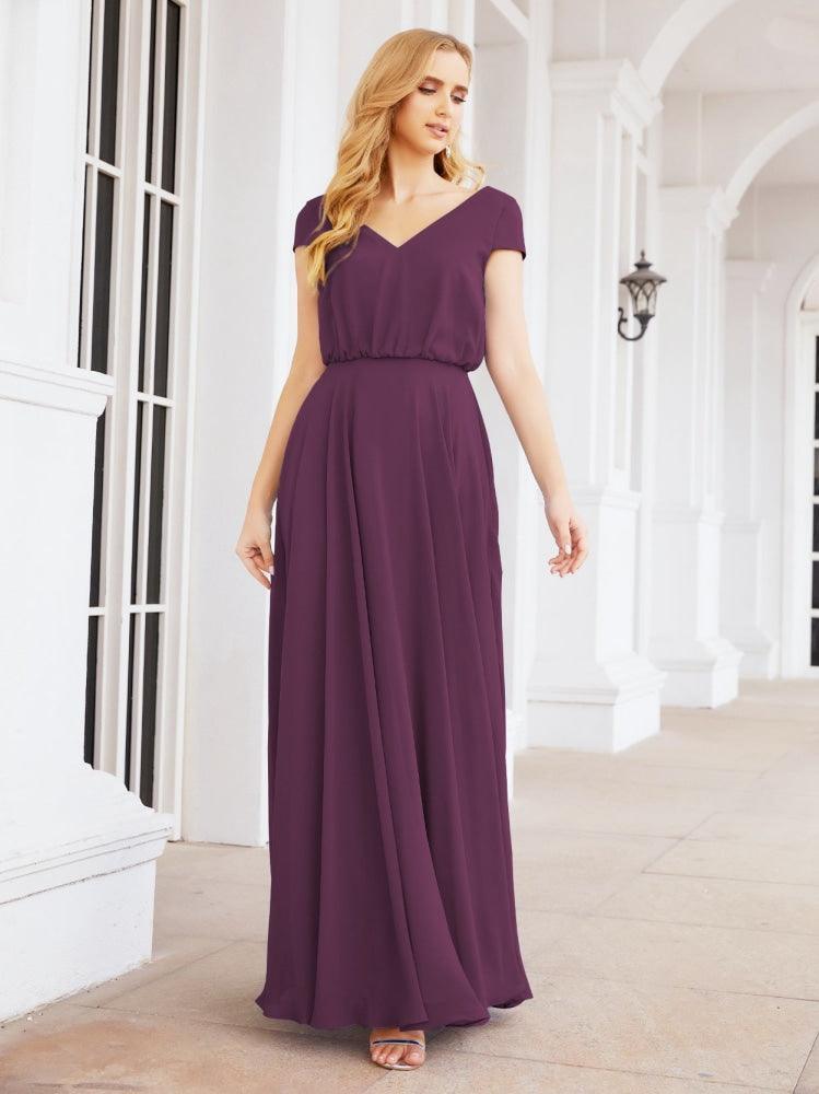Numbersea V-Neck Bridesmaid Dresses Long Cap Sleeves Prom Evening Formal Gowns 28071