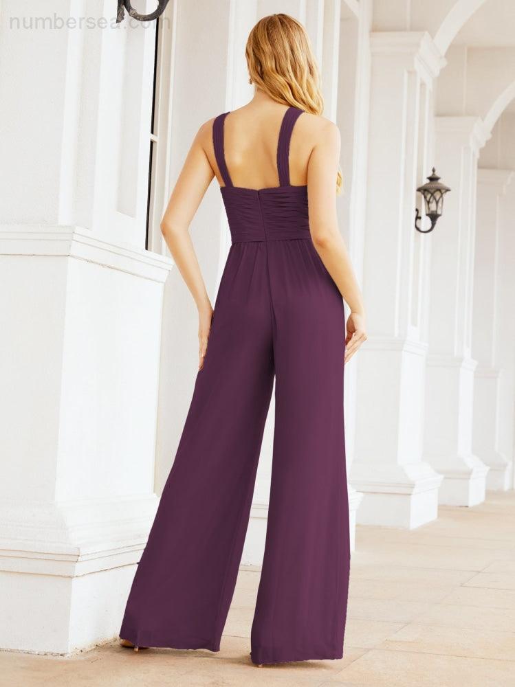 Numbersea Crisscross Neck Jumpsuit Formal Evening Dress Long Bridesmaid Dresses Bell-bottomed Pants 28033