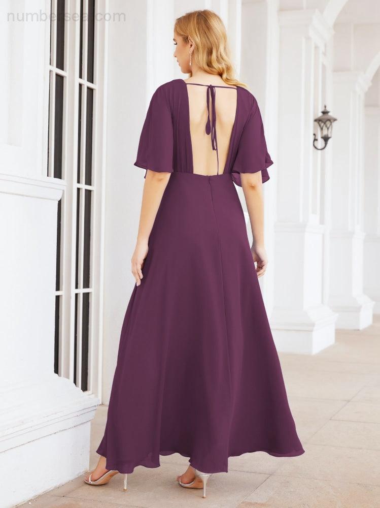 Numbersea V-Neck Bridesmaid Dress Chiffon Long Open Back Formal Dresses for Women Party Evening 28067