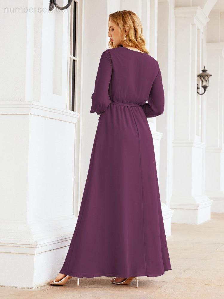 Numbersea Women's Chiffon Bridesmaid Dress A line Long Sleeves Formal Evening Prom Gown for Wedding Guest 28032
