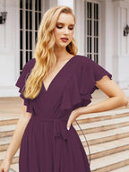Numbersea Women's Open Back Formal Evening Party Prom Gowns V-Neck Long Chiffon Bridesmaid Dresses with Waist Belt 28038