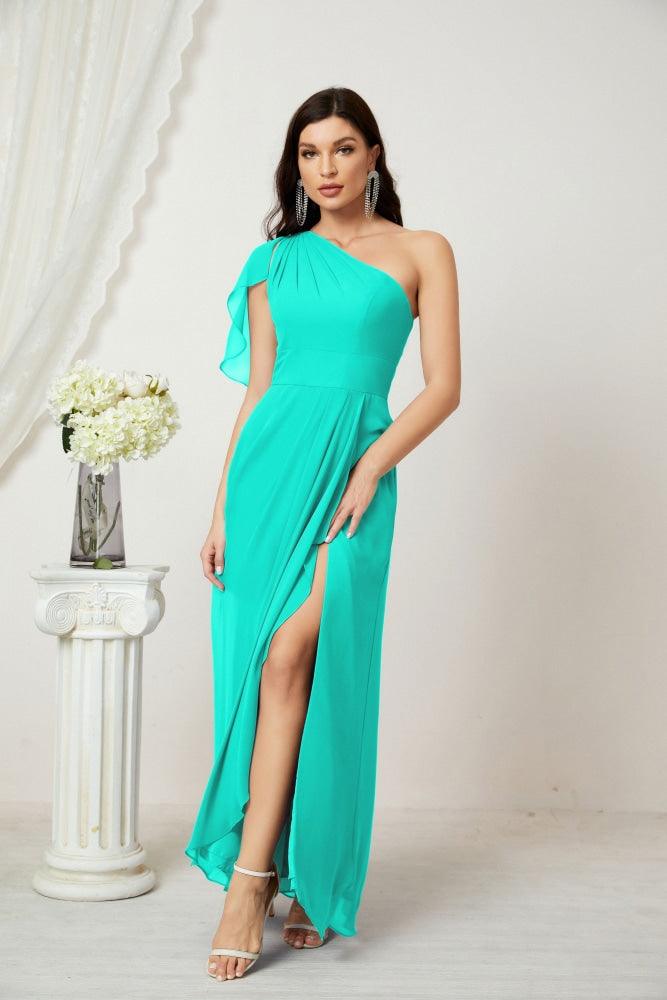 Numbersea  Chiffon Ruffled One Shoulder Long Bridesmaid Dresses A-line Formal Evening Gown Side Split 2809