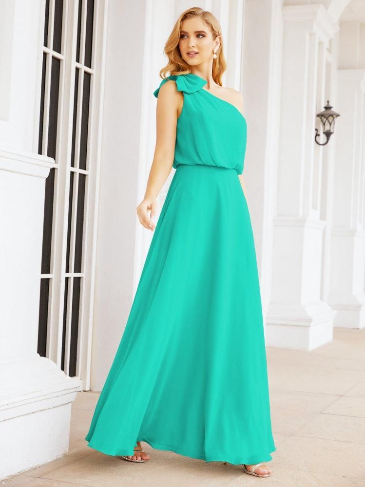Numbersea Chiffon Ruffled One Shoulder Sleeveless Long Bride Dresses A-line Formal Evening Gown Side Split 28057
