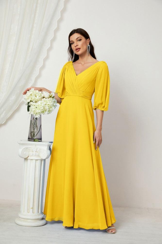 Numbersea  Formal Prom Gown Women V-Neck Chiffon Bridesmaid Dresses Long Bishop Sleeve Party Dress 2807