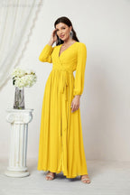 Numbersea Evening Dresses Deep V-Neck Chiffon Bridesmaid Dresses Long Bishop Sleeve Side Split Formal Dress 2806