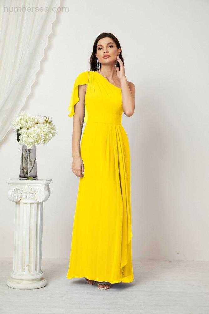 Numbersea  Chiffon Ruffled One Shoulder Long Bridesmaid Dresses A-line Formal Evening Gown Side Split 2809