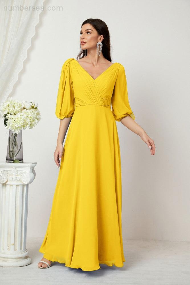 Numbersea  Formal Prom Gown Women V-Neck Chiffon Bridesmaid Dresses Long Bishop Sleeve Party Dress 2807