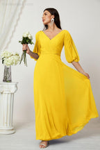 Numbersea  Formal Prom Gown Women V-Neck Chiffon Bridesmaid Dresses Long Bishop Sleeve Party Dress 2807