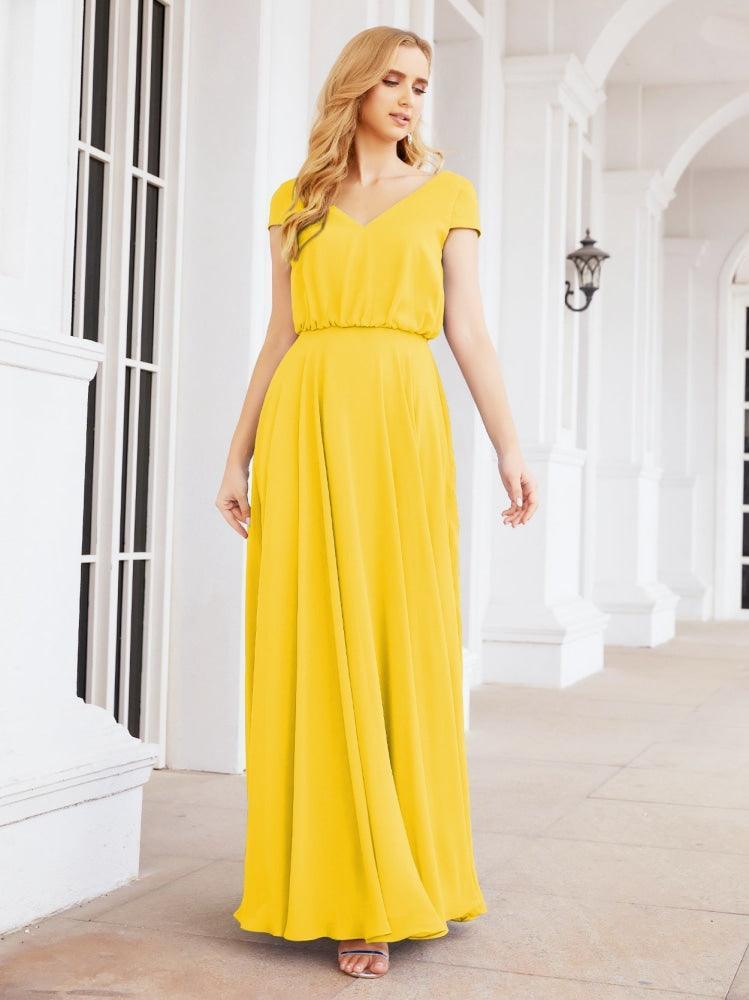 Numbersea V-Neck Bridesmaid Dresses Long Cap Sleeves Prom Evening Formal Gowns 28071