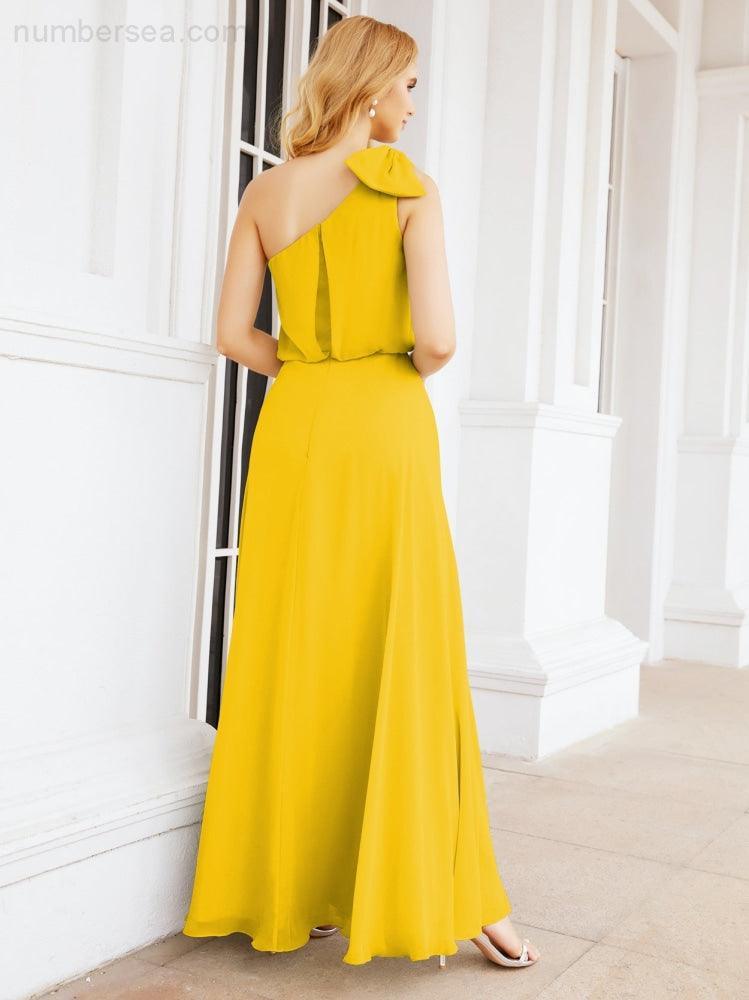 Numbersea Chiffon Ruffled One Shoulder Sleeveless Long Bride Dresses A-line Formal Evening Gown Side Split 28057