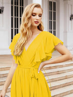 Numbersea Women's Open Back Formal Evening Party Prom Gowns V-Neck Long Chiffon Bridesmaid Dresses with Waist Belt 28038