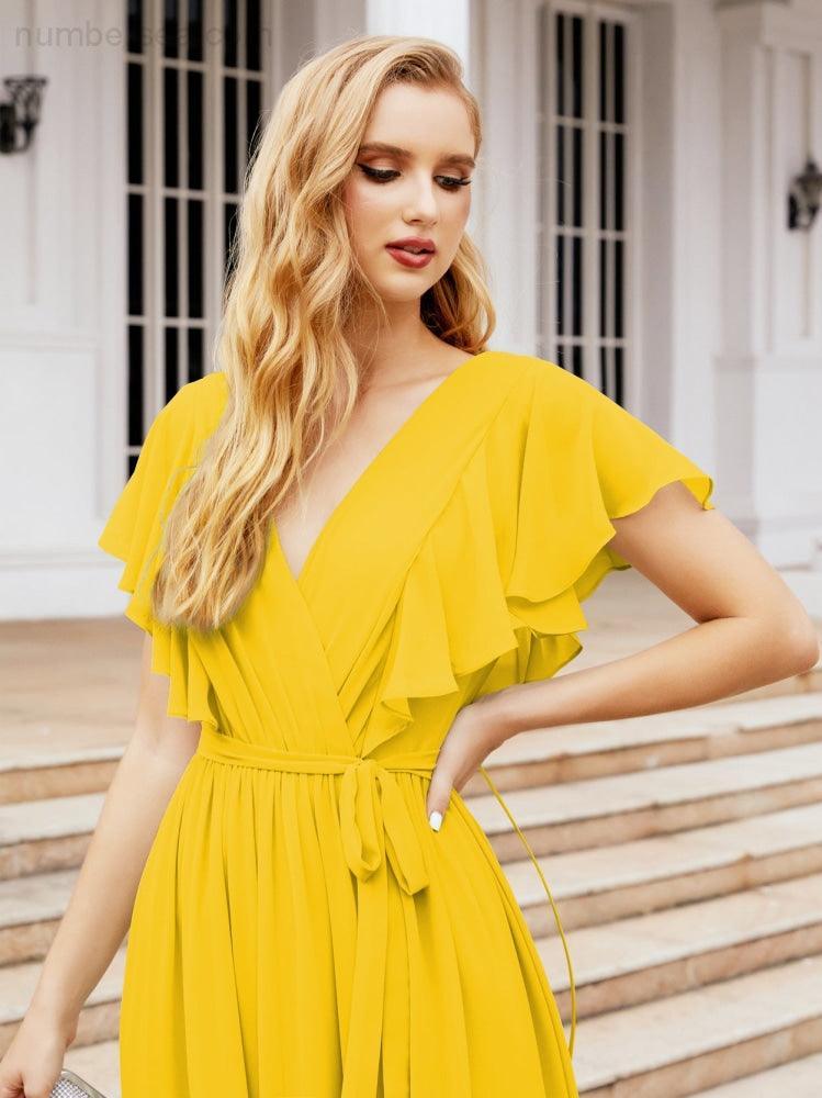 Numbersea Women's Open Back Formal Evening Party Prom Gowns V-Neck Long Chiffon Bridesmaid Dresses with Waist Belt 28038