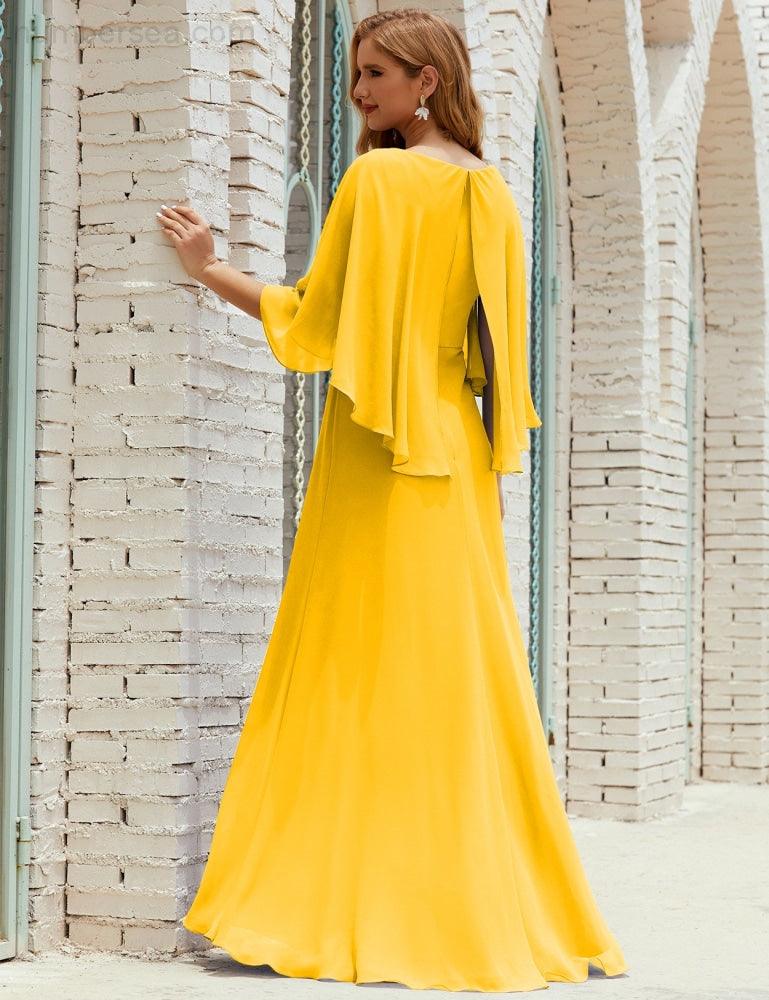 Numbersea  Bridesmaid Dress Women Long Sleeve V-Neck Chiffon Formal Wedding Party Dress 28018