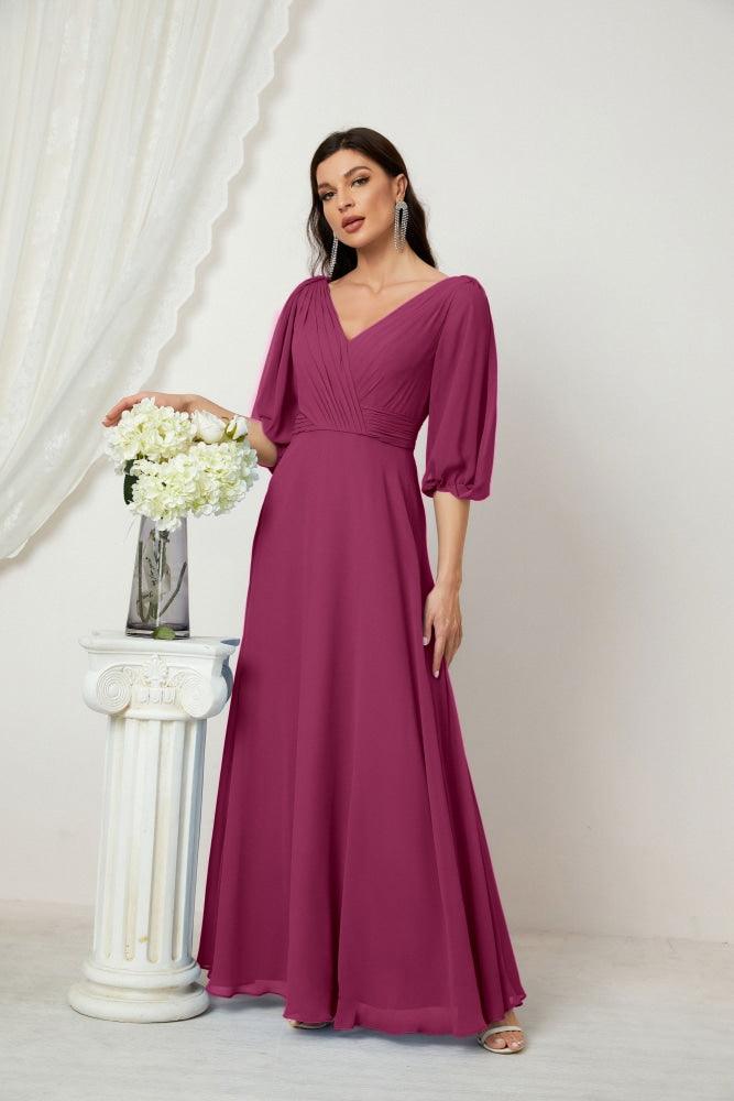 Numbersea  Formal Prom Gown Women V-Neck Chiffon Bridesmaid Dresses Long Bishop Sleeve Party Dress 2807