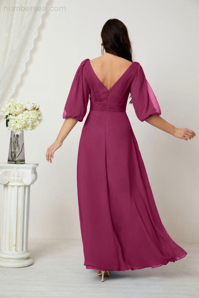 Numbersea  Formal Prom Gown Women V-Neck Chiffon Bridesmaid Dresses Long Bishop Sleeve Party Dress 2807