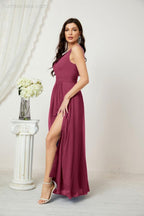 Numbersea Chiffon V-Neck Bridesmaid Dress Spaghetti Strap Long Formal Party Prom Gowns with Slit 28010
