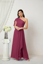 Numbersea  Chiffon Ruffled One Shoulder Long Bridesmaid Dresses A-line Formal Evening Gown Side Split 2809