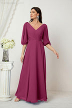 Numbersea  Formal Prom Gown Women V-Neck Chiffon Bridesmaid Dresses Long Bishop Sleeve Party Dress 2807