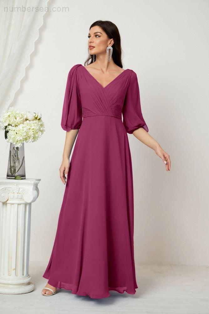 Numbersea  Formal Prom Gown Women V-Neck Chiffon Bridesmaid Dresses Long Bishop Sleeve Party Dress 2807