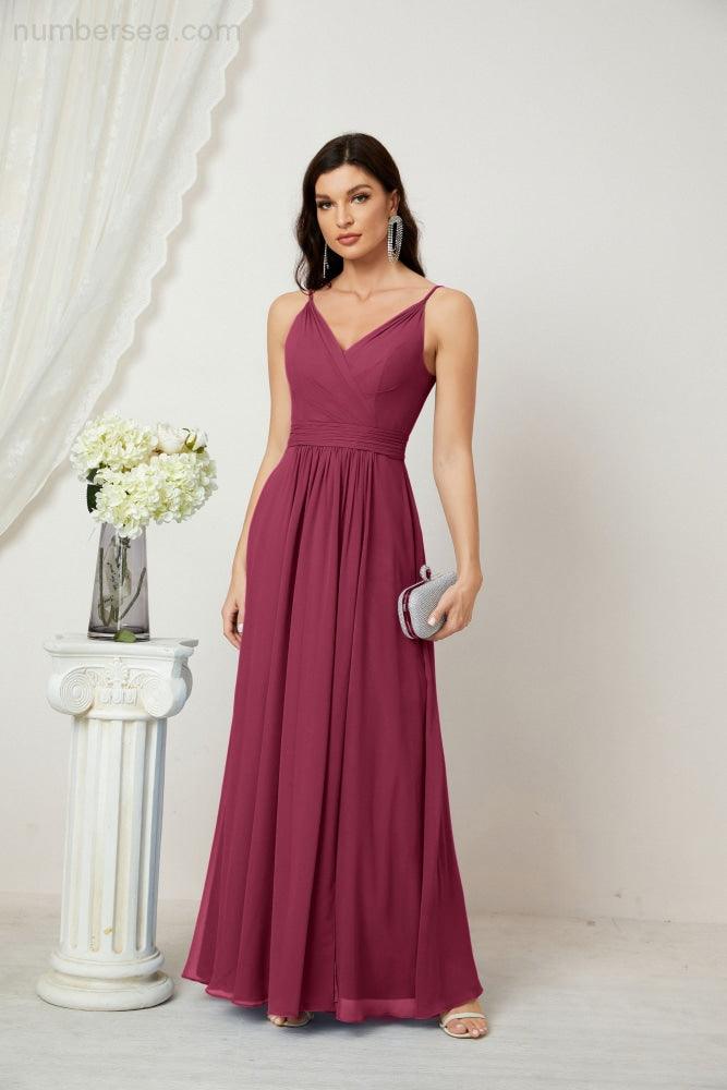 Numbersea Chiffon V-Neck Bridesmaid Dress Spaghetti Strap Long Formal Party Prom Gowns with Slit 28010