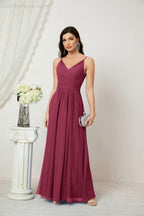 Numbersea Chiffon V-Neck Bridesmaid Dress Spaghetti Strap Long Formal Party Prom Gowns with Slit 28010