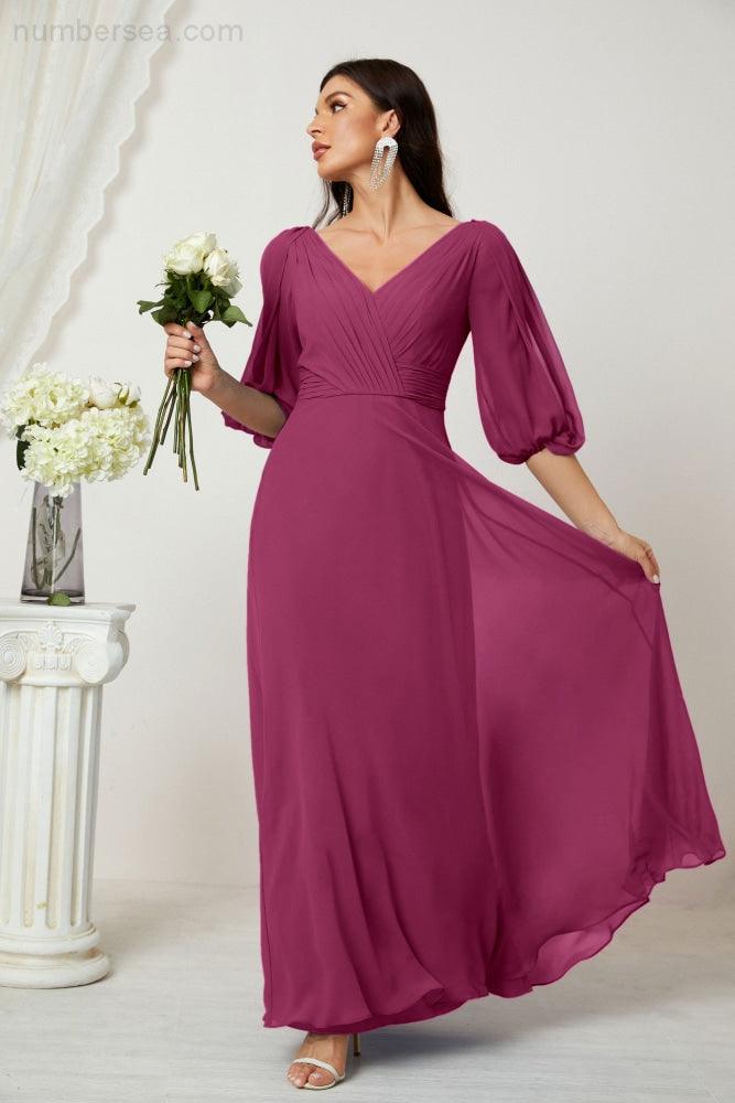 Numbersea  Formal Prom Gown Women V-Neck Chiffon Bridesmaid Dresses Long Bishop Sleeve Party Dress 2807