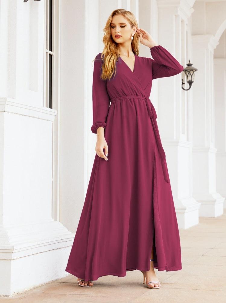 Numbersea Women's Chiffon Bridesmaid Dress A line Long Sleeves Formal Evening Prom Gown for Wedding Guest 28032