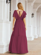 Numbersea Women's Open Back Formal Evening Party Prom Gowns V-Neck Long Chiffon Bridesmaid Dresses with Waist Belt 28038