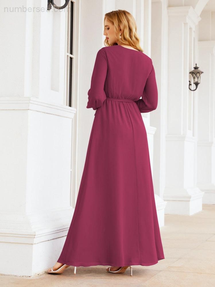 Numbersea Women's Chiffon Bridesmaid Dress A line Long Sleeves Formal Evening Prom Gown for Wedding Guest 28032