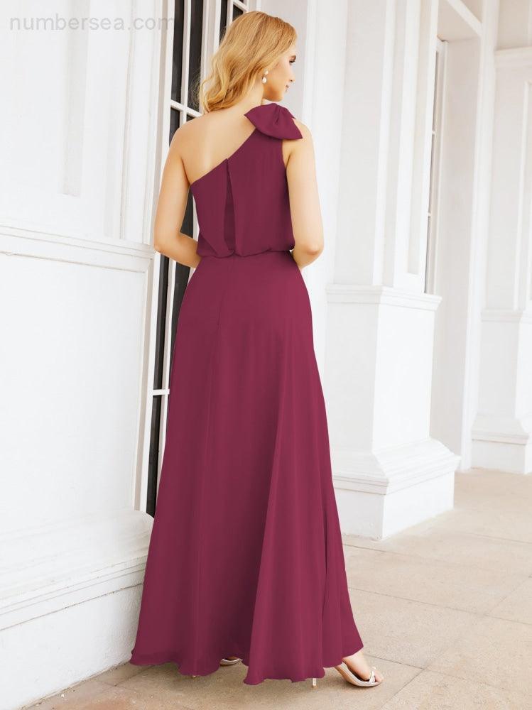 Numbersea Chiffon Ruffled One Shoulder Sleeveless Long Bride Dresses A-line Formal Evening Gown Side Split 28057