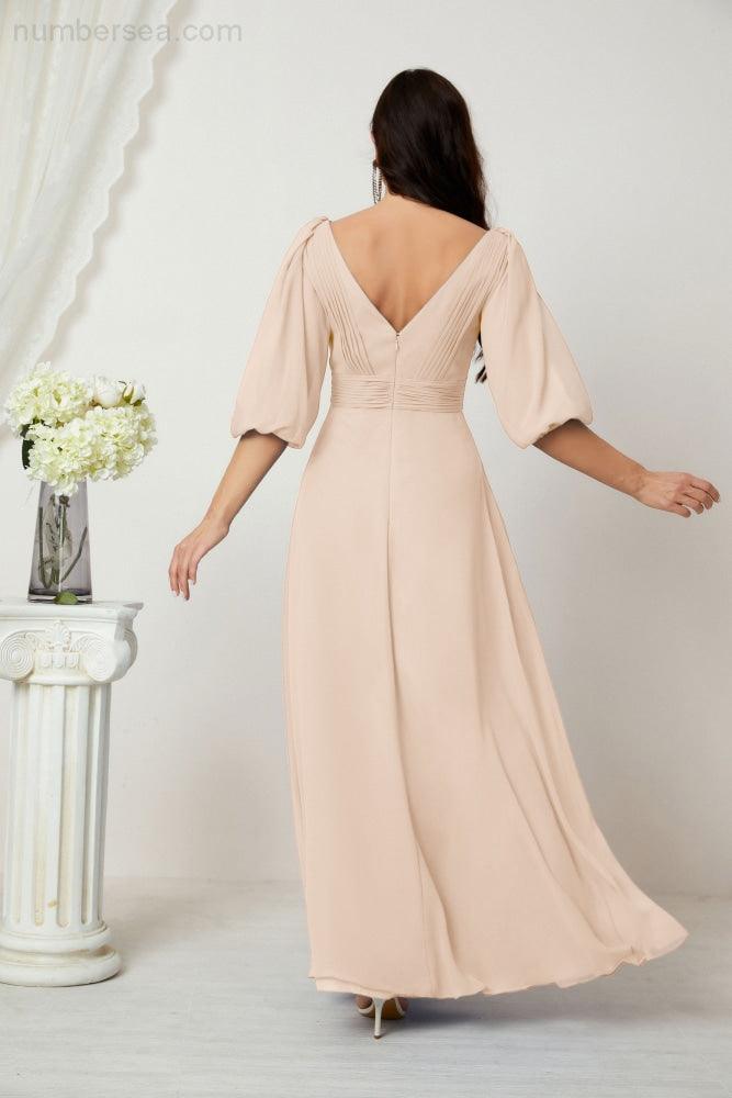 Numbersea  Formal Prom Gown Women V-Neck Chiffon Bridesmaid Dresses Long Bishop Sleeve Party Dress 2807
